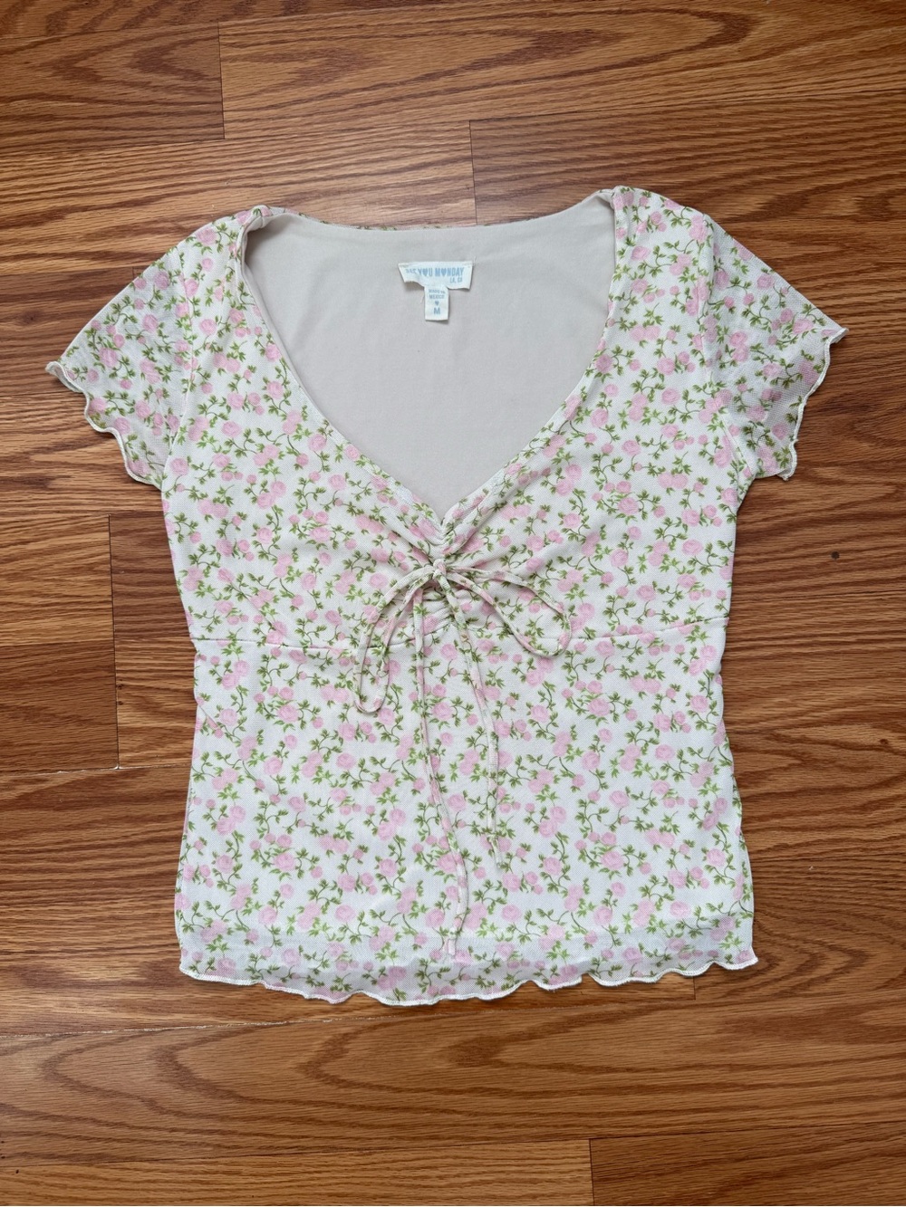 See You Monday Pink Floral Tie-Front V-Neck Short Sleeve Top Women Size M